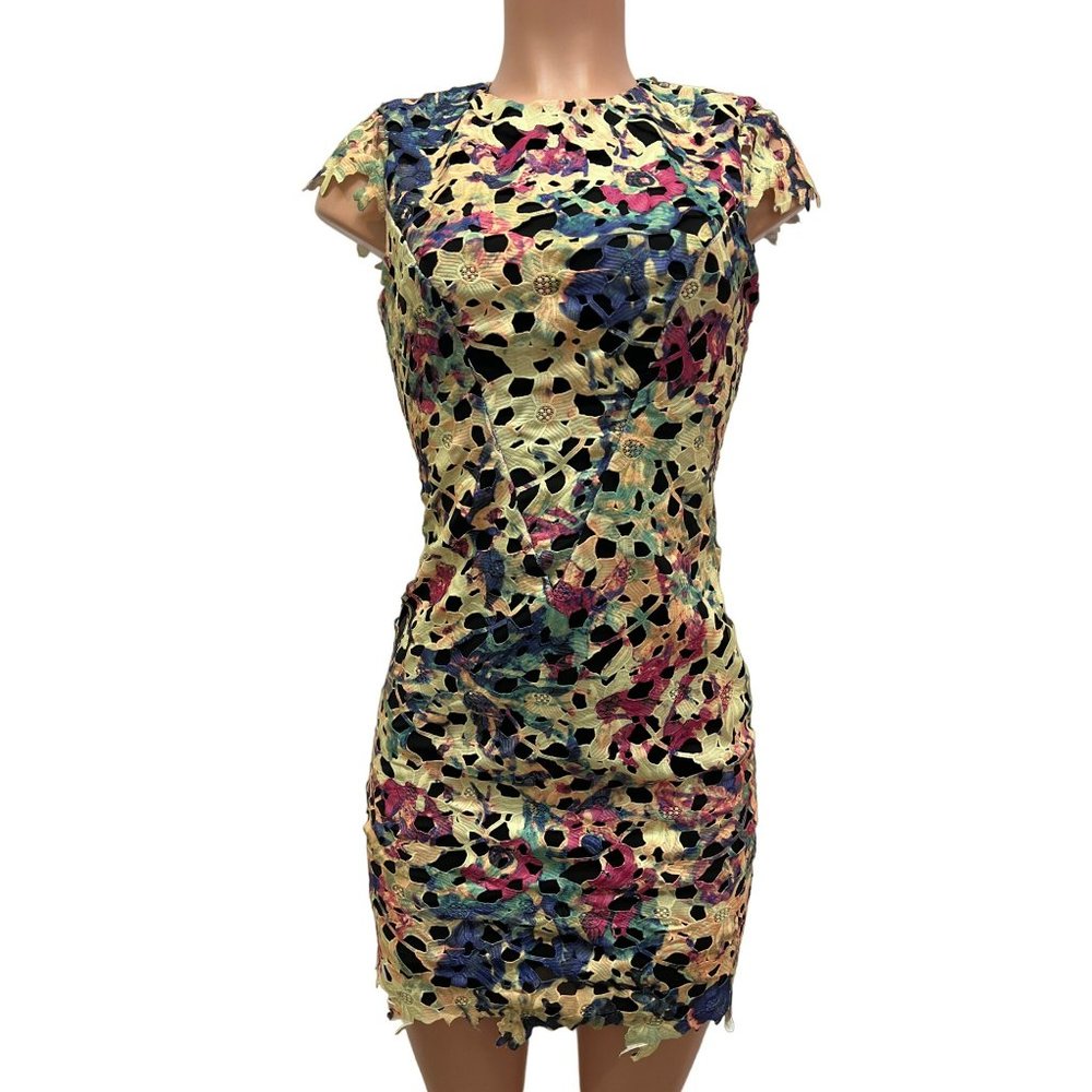 Nicole Miller Yellow Multicolor Lace-Overlay Mini Dress